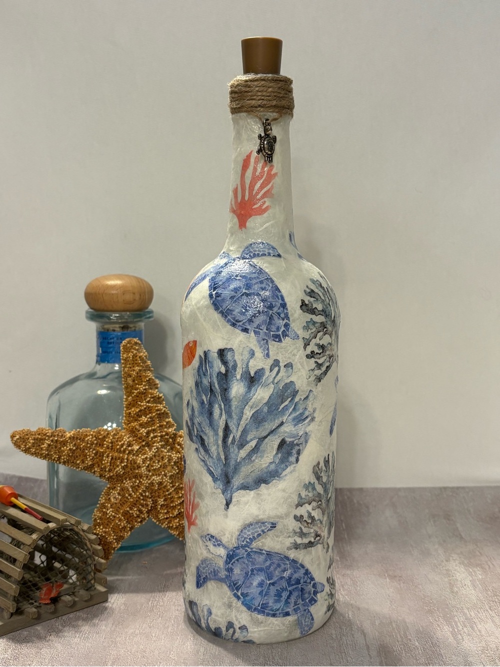 Nautical Decorated Bottle, Ocean Decor, Decoupage, Home Decor, Gifts